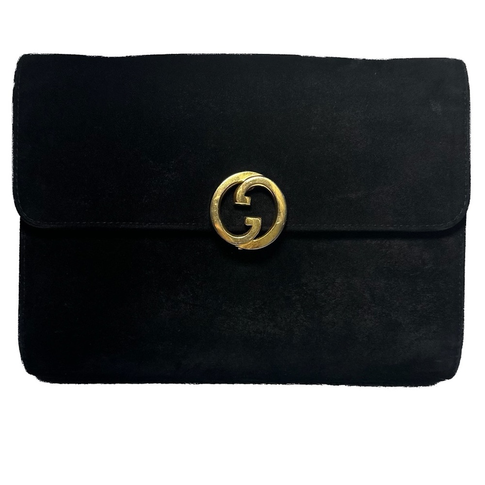 Authentic Gucci, Black, Vintage Clutch with Gold Interlocking Logo.